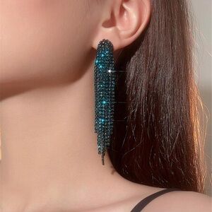 Teal Rhinestone Tassel Drop Earrings | Blue Green Statement Party Earrings